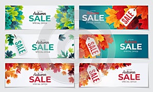 Shiny Autumn Leaves Sale Banner Collection Set. Vector Illustration