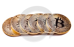 Shiny Bitcoin souvenire coins row isolated
