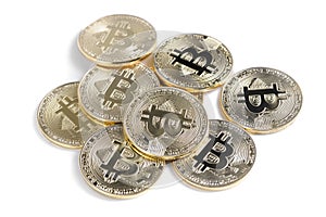 Shiny Bitcoin souvenire coins row isolated