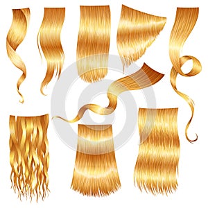 Shiny blond woman hairs collection. Haircut, hair care and beauty salon, realistic locks of long wavy blonde. Beautiful