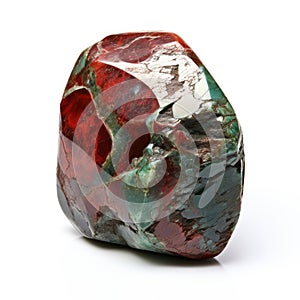 A shiny bloodstone nugget with a dark green hue and distinctive red flecks, isolated on a white background, Ai Generated photo