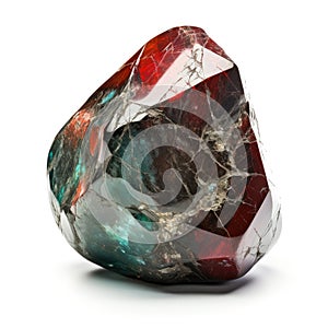 A shiny bloodstone nugget with a dark green hue and distinctive red flecks, isolated on a white background, Ai Generated photo