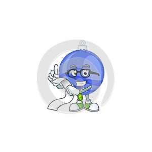 Shiny blue christmas ball cartoon with character holding bill