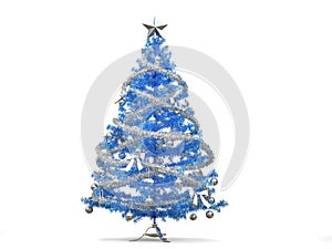 Shiny blue Christmas tree with silver tinsels and decorations