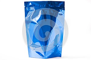 Shiny blue doypack stand up packaging pouch with zipper on white background