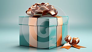 A shiny blue gift box wrapped in festive wrapping paper generated by AI