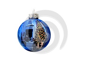 Shiny Blue Holiday Ornament Reflects Brightly Lit