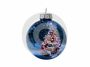 Shiny Blue Holiday Ornament Reflects Brightly Lit Colorful Christmas Tree