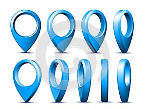 Shiny blue realistic map pointers set in various angles.
