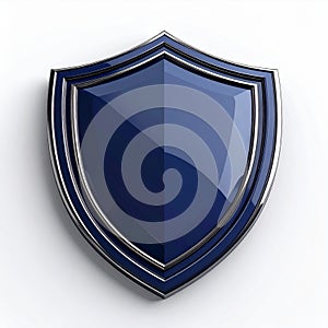 Shiny Blue and Silver Shield Shape Emblem on White Background Security Concept