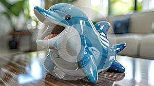 A shiny blue toy dolphin with an open mouth on a wooden floor.