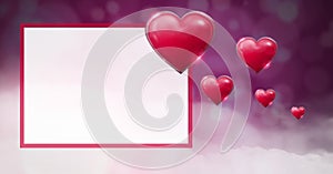 Shiny bubbly Valentines hearts with purple bokeh misty background