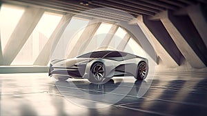 Shiny car concept inside concrete architecture background.