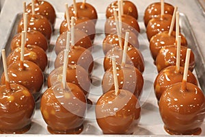 Shiny caramel apples in process