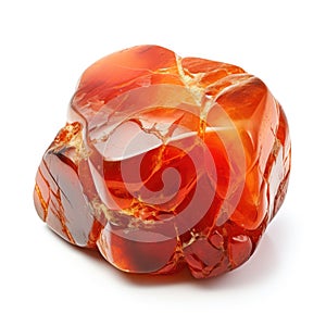 A shiny carnelian nugget with a deep reddish orange hue, set against a white background, Ai Generated