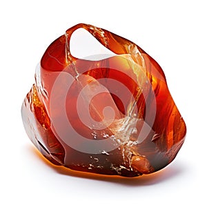 A shiny carnelian nugget with a deep reddish orange hue, set against a white background, Ai Generated