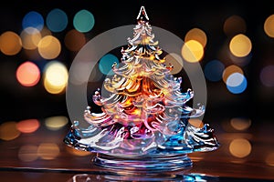 Shiny Christmas tree from colorful glass against bokeh lights on black background
