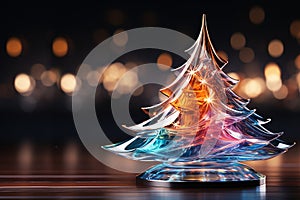 Shiny Christmas tree from colorful glass against bokeh lights on black background. Copy space
