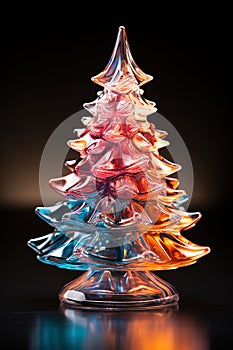 Shiny Christmas tree from colorful glass on black background. Winter desing for card, backdrop.