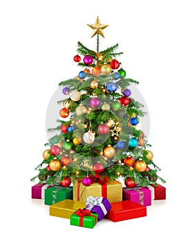 Shiny Christmas tree with gift boxes