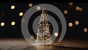 Shiny Christmas tree illuminated with glowing gold ornaments and lights generated by AI