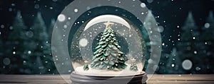 Shiny Christmas Tree Inside A Snow Globe Space For Text