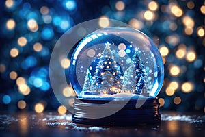 Shiny Christmas Tree In Snow Globe blue bokeh background. ai generative