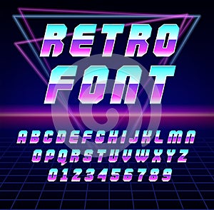 Shiny Chrome Alphabet in 80s Retro Futurism Sci-Fi style. Vector Retro galaxy space font in the style of the 1980