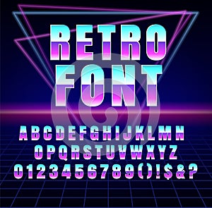 Shiny Chrome Alphabet in 80s Retro Futurism Sci-Fi style. Vector Retro galaxy space font in the style of the 1980