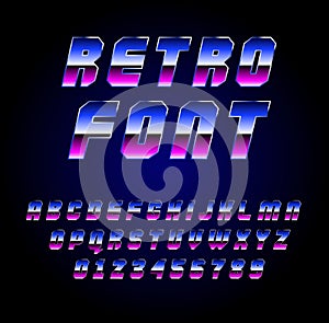 Shiny Chrome Alphabet in 80s Retro Sci-Fi style. Vector Retro galaxy space font in the style of the 1980 holographic