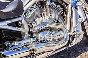 Shiny chrome engine of a Harley Davidson