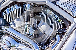 Shiny chrome engine of a Harley Davidson