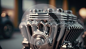 Shiny chrome motorcycle engine block. Generative ai