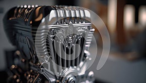 Shiny chrome motorcycle engine block. Generative AI