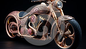 Shiny chrome motorcycle wheel reflects elegance and speed in motion generated by AI