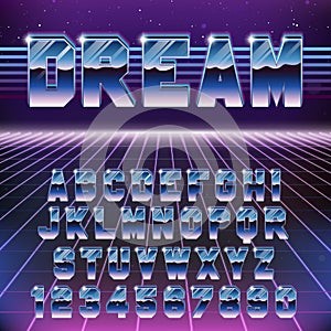 Shiny Chrome Retro Futuristic Font. Stylish Retro Synth Wave Alphabet in 80s style