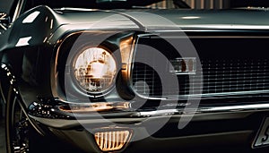 Shiny chrome vintage car bumper reflects modern lighting generated by AI