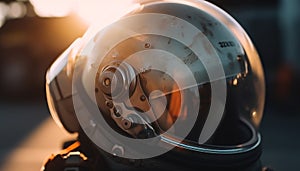 Shiny chrome wheel reflects sunset on motorcycle brake disc generated by AI