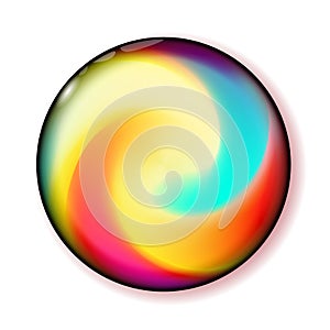 Shiny circle multicolor button for holiday and web design, business presentation. Bright Ball 3D glass with abstract spiral shape