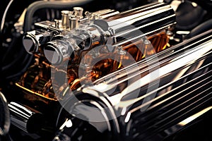 shiny classic car engine with chrome parts