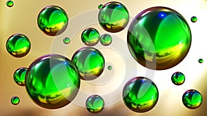 Shiny colored balls abstract background, 3d green metallic glossy spheres