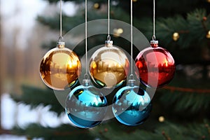 shiny colored Christmas ball bouncing in front of blurred Christmas candle light and unfocused bokeh