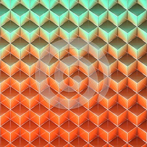 Shiny colored cubes with a striped pattern in a silver wireframe. 3d rendering