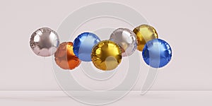 Shiny colorful balloons, beige banner background for party, birthday, celebration or holiday, 3d realistic render