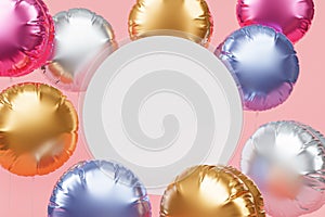 Shiny colorful balloons with copy space, pink background for party, birthday, celebration or holiday, 3d realistic render