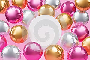 Shiny colorful balloons with copy space, pink background for party, birthday, celebration or holiday, 3d realistic render