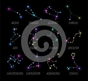 Shiny constellations of 12 zodiac signs. A pack of aries, taurus, gemini, cancer, leo, virgo, libra, scorpio, sagittarius,