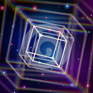 Shiny cube with color aberrations in space