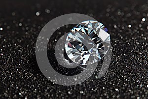 Shiny diamond close-up on black background, luxury brilliant on dark table. Theme of jewel, jewelry, gem, white gemstone, stone,