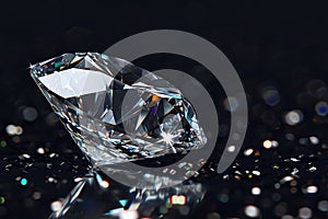 Shiny diamond close-up on black background, luxury brilliant on dark table. Theme of jewel, jewelry, gem, white gemstone, stone,